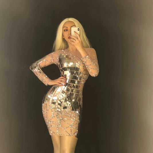 Free size / T9038 WHITE Wholesale Long Sleeve Bodycon Dress Fall 2022 For Women Sexy Reflective Mesh Transparent Rhinestone Clubwear Night Club Dress
