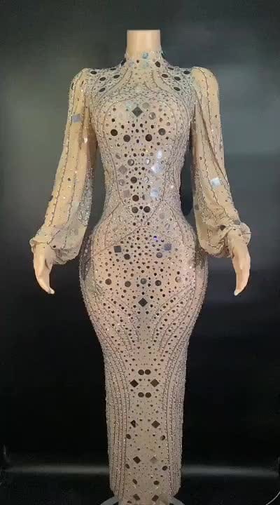 Free Size / X220205 White Trending Products 2022 Loose Sleeve Luxury Fashion Mesh Dress Beauty See Through Shiny Diamond Crystals Maxi Evening Dresses