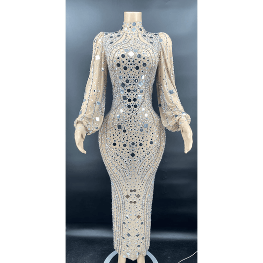 Free Size / X220205 White Trending Products 2022 Loose Sleeve Luxury Fashion Mesh Dress Beauty See Through Shiny Diamond Crystals Maxi Evening Dresses
