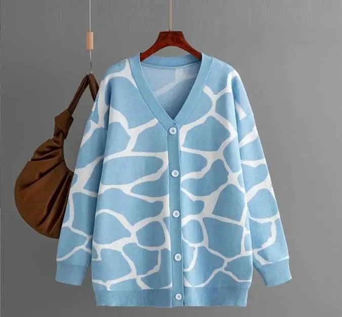 Free / Sky Blue 2024 Best-Selling Women Autumn and Winter Line Pattern Cardigan Single Breasted V-neck Long Sleeve Casual Loose Knitted Coat
