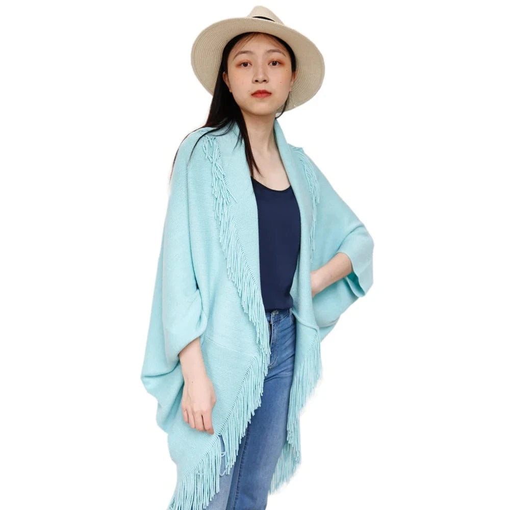 Free / Sky Blue Casual Style Turn-down Collar And Tassels Acrylic Cashmere Knit Female Plus Size Shrugs For Dresses