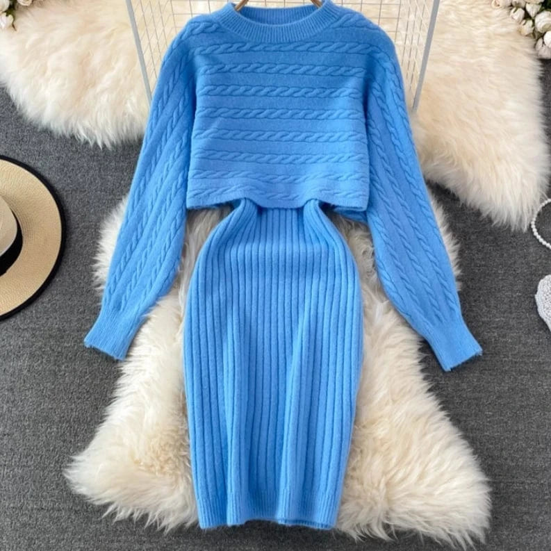 Free / Sky Blue Fashion Autumn Winter Korean Style Loose Top Knitted Two Piece Sweater Dress Sets For Women 2023