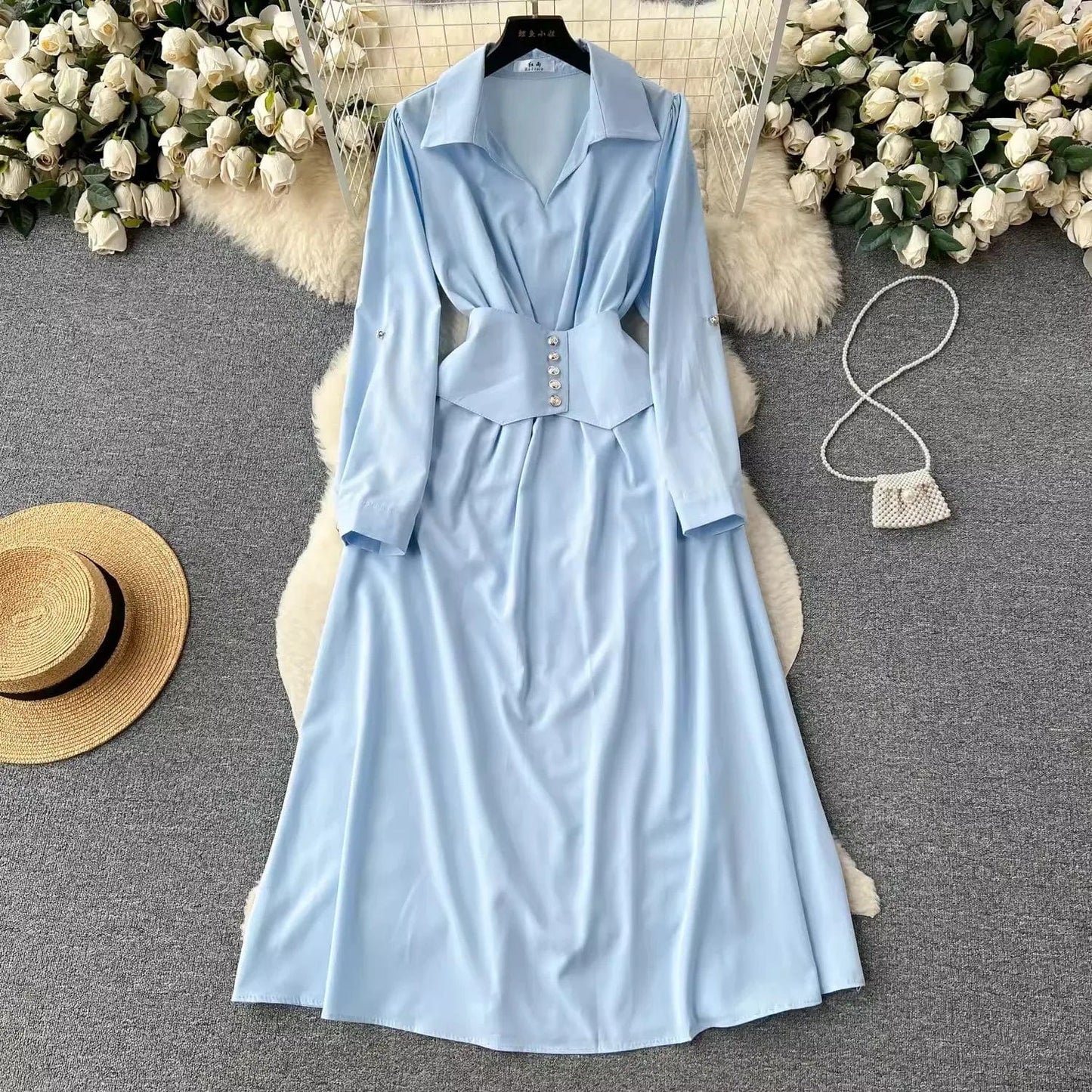 Free / Sky Blue One size  Retro style high-end dress Polo collar long sleeved waist cinched A-line large hem shirt dress