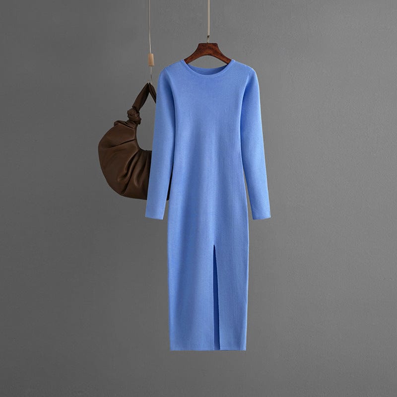 Free / Sky Blue PDEP 2023 autumn and winter slim knit dress  mid-length long sleeve skinny bottom-up knit sweater dress for women