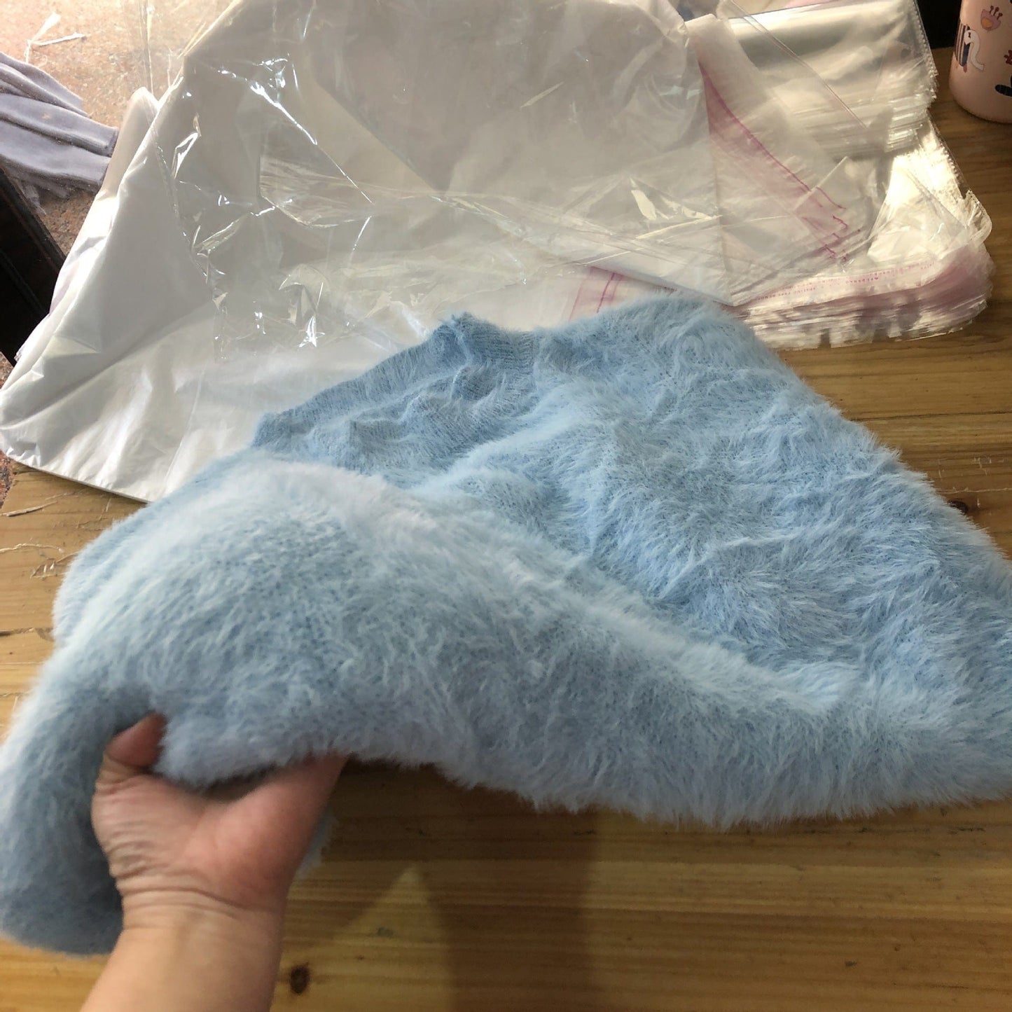 Free / Sky Blue PDEP round neck pullover with imitation mink fur sweater women's loose Korean lazy mohair  knitted sweater women