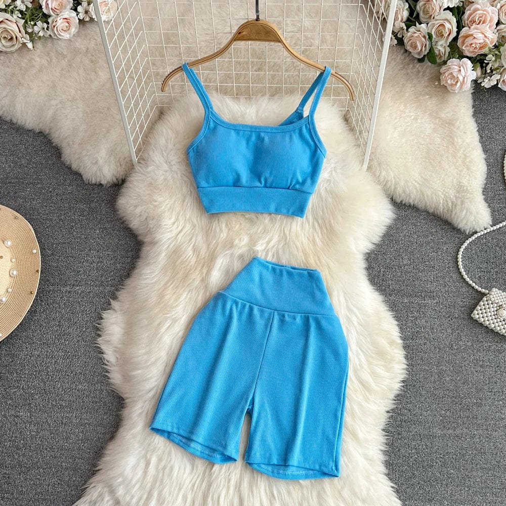 Free / Sky Blue Summer Sports Fashion Suit Women Yoga Halter Undershirt Shorts Two Piece Set
