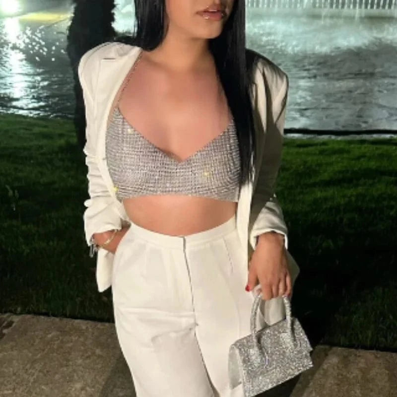 Free / Sliver Draped Collar Chain Detail Backless Bustier top Crop Metallic Halter Top