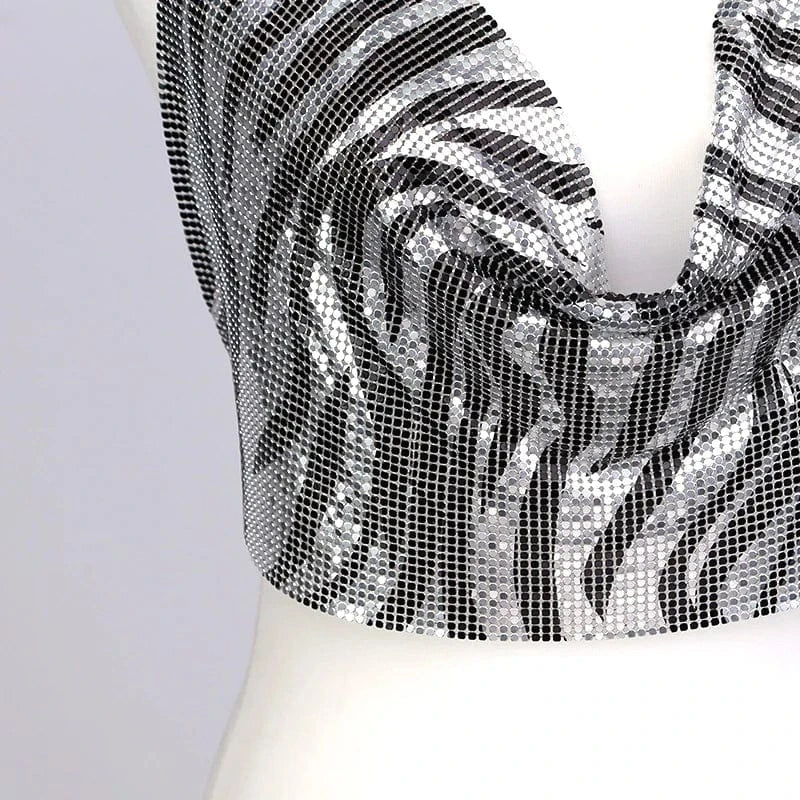 Free / Sliver Women's Sexy Halter Backless Asymmetrical Hem Metallic Cami Crop Tops