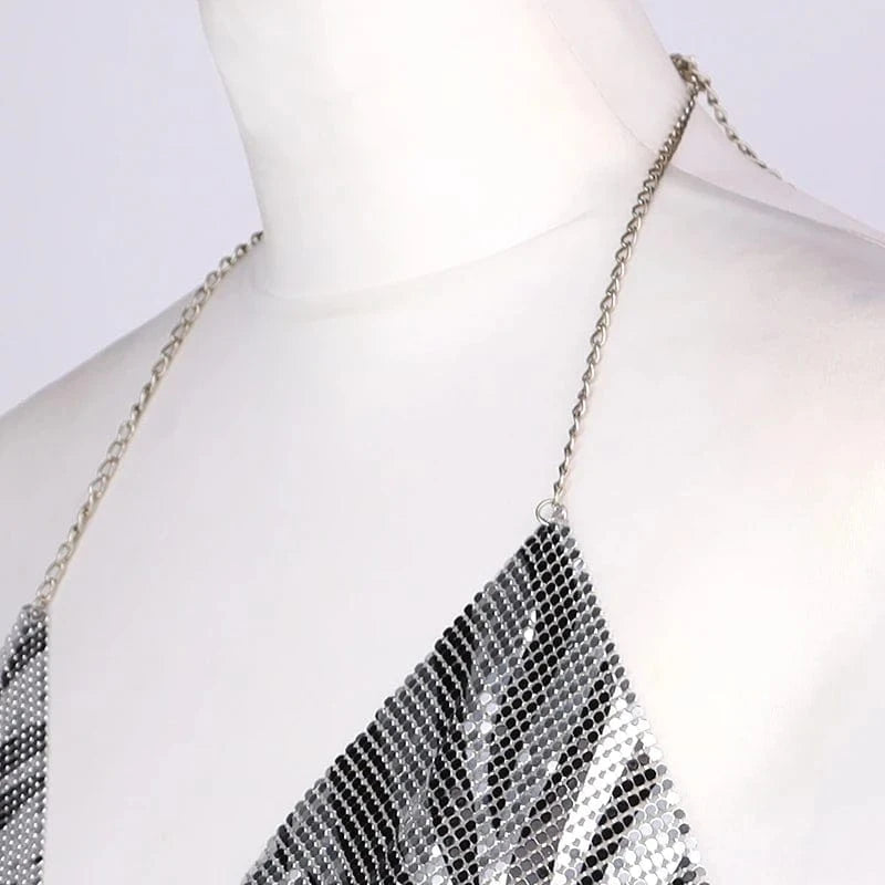 Free / Sliver Women's Sexy Halter Backless Asymmetrical Hem Metallic Cami Crop Tops