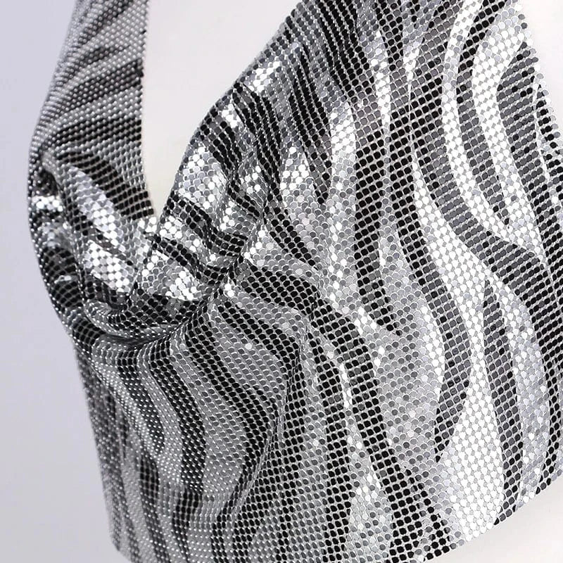 Free / Sliver Women's Sexy Halter Backless Asymmetrical Hem Metallic Cami Crop Tops