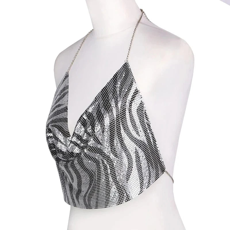 Free / Sliver Women's Sexy Halter Backless Asymmetrical Hem Metallic Cami Crop Tops