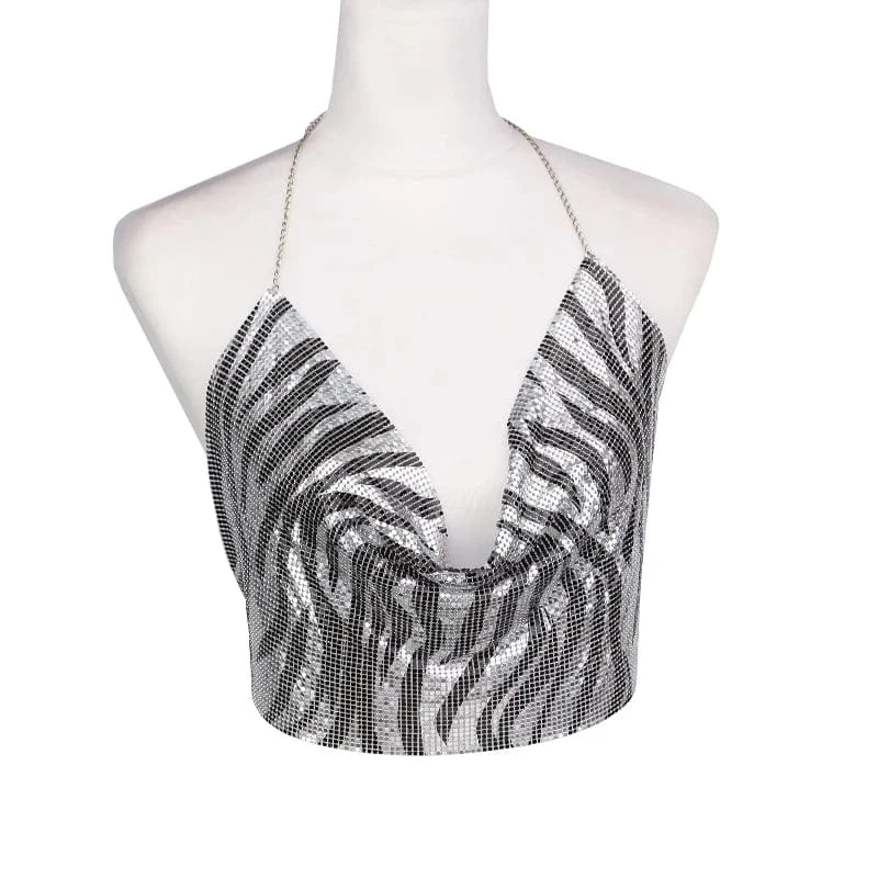 Free / Sliver Women's Sexy Halter Backless Asymmetrical Hem Metallic Cami Crop Tops