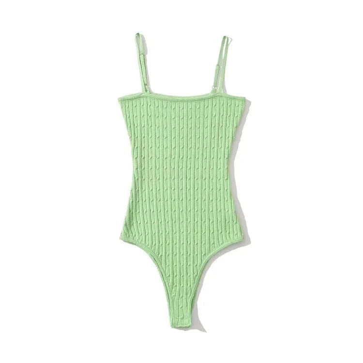 Free / Spring-Green Supper Sexy Square Neck Thin Spaghetti Strap Sleeveless Women Twist Knit Ribbed Tight Feel Women Bodysuit