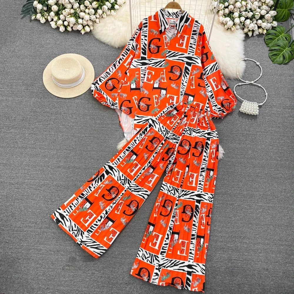 Free / tangerine Fashion Suit Retro Loose Irregular Single-Breasted Printed Shirt High-Waisted Wide-Leg Pants Two Piece Set