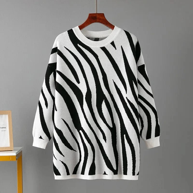 Free / White 2023 Autumn And Winter New Zebra-print Fashion Knitted Pullover  Casual Round Neck Sweater