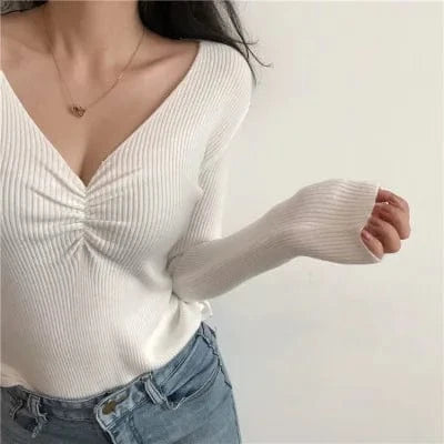 Free / White 2023Autumn Women's Long Sleeve Sexy V-neck pullover Sweater Korean Version Slim-fit Pullover New Sweater
