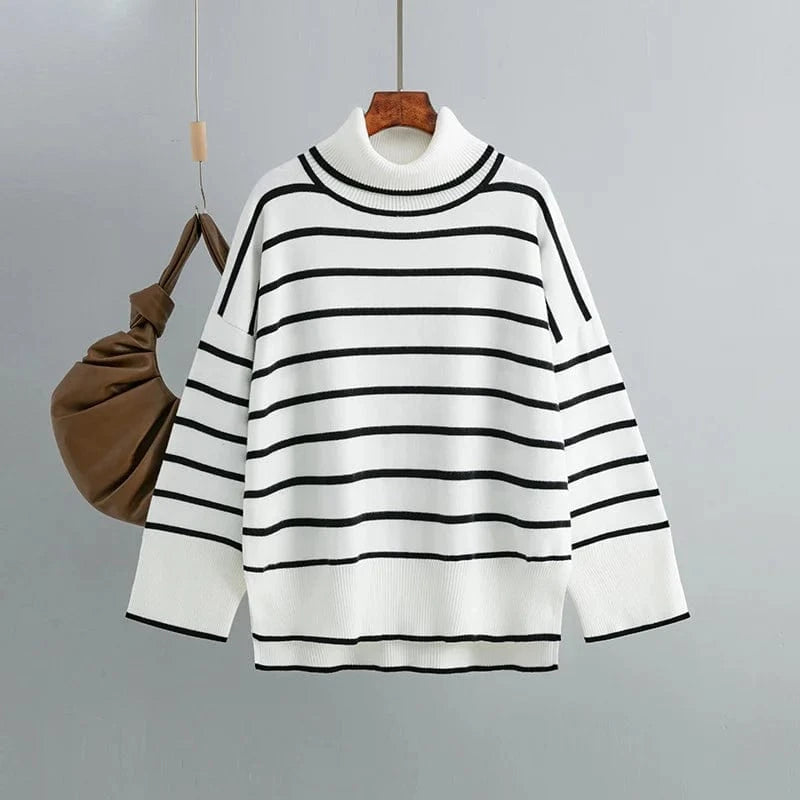 Free / White 2024 Hot Sale Women Sweater Autumn Winter High-neck Knit Pullover Loose Long Sleeve Knitwear Striped Casual Sweater