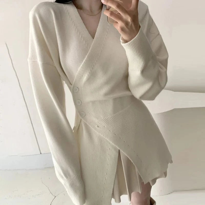 Free / White CHICEVER High Quality Solid Color V Neck Long Sleeve Women Cardigan Knitted Sweater 2023