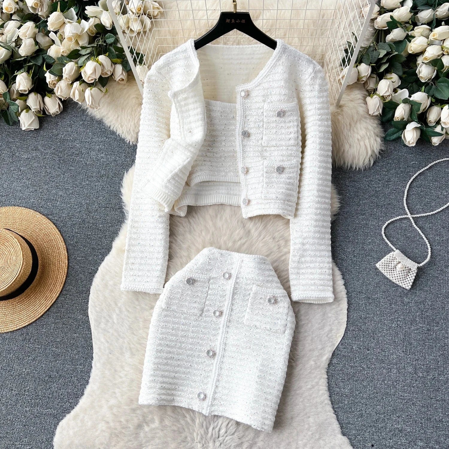 Free / White Elegant Casual Short Cardigan Sequin Knitted Set Autumn New Mini Skirt Set   Shorts Two Piece Women's Clothing