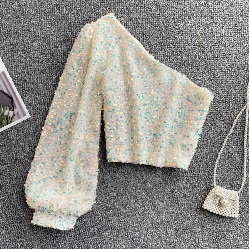 Free / White Fashion Sexy Slant Neck Strapless One Side Sleeve Slim Short Sequins Velvet Long Sleeve Top Women