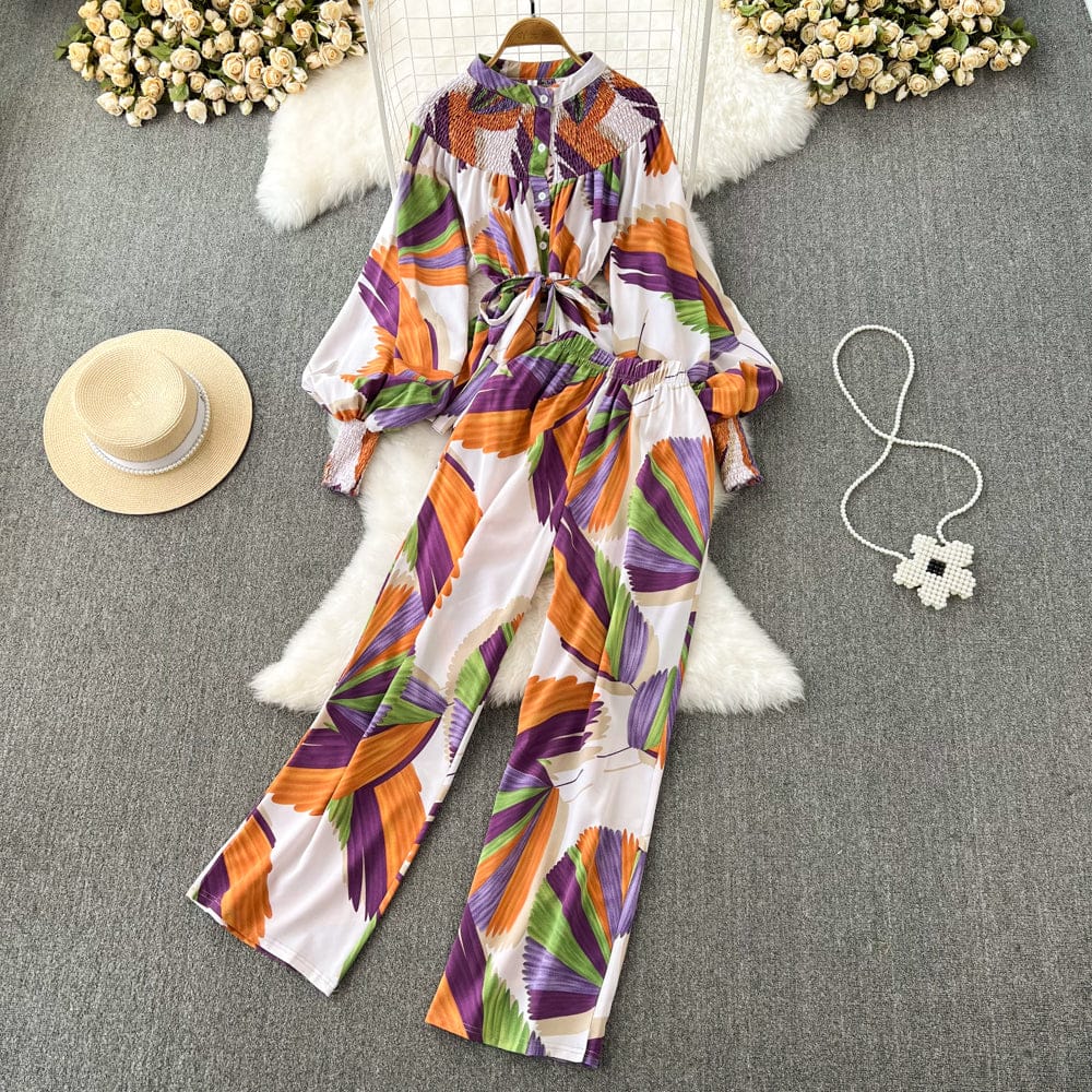 Free / White Fashionable Sets Women Vintage Stand Collar Puff Sleeve Loose Print Tops High Waist Wide Legs Pants Suits 2 Piece Set