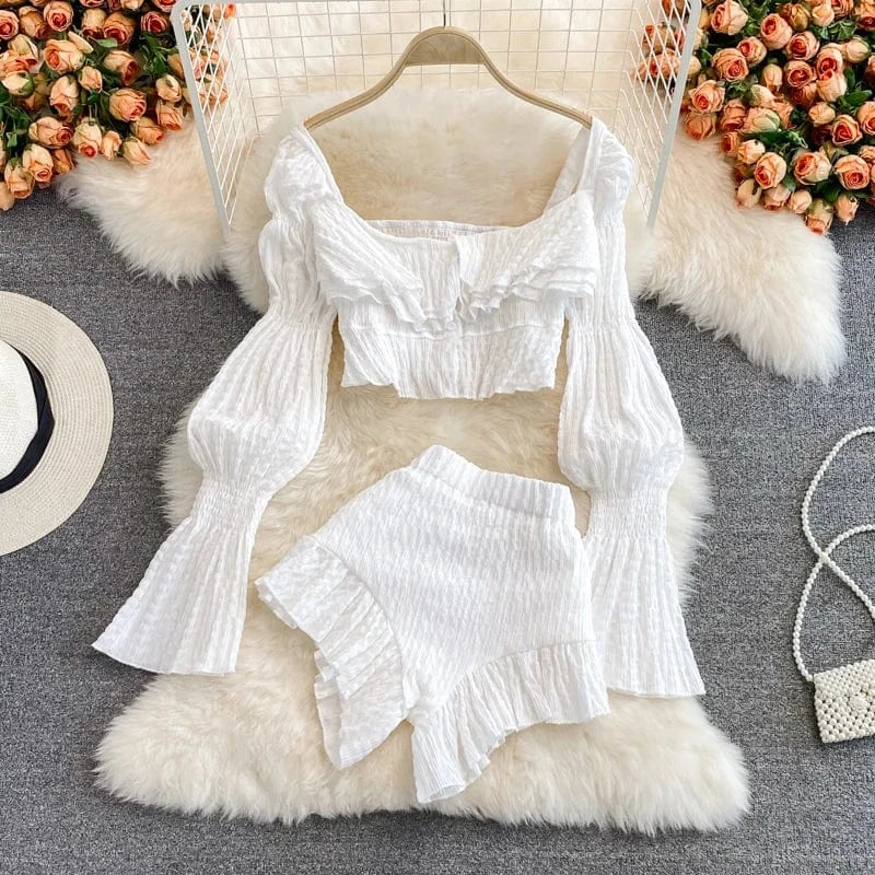 Free / White French Square Neck Short Long Sleeve Shirt Women Summer High Waist Ruffled Shorts Two Piece Set