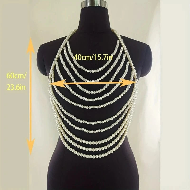 Free / White Halter Backless Body Jewelry Accessories Handmade Faux Pearls Body Chain Simple Style Multi-layer Bustier corset
