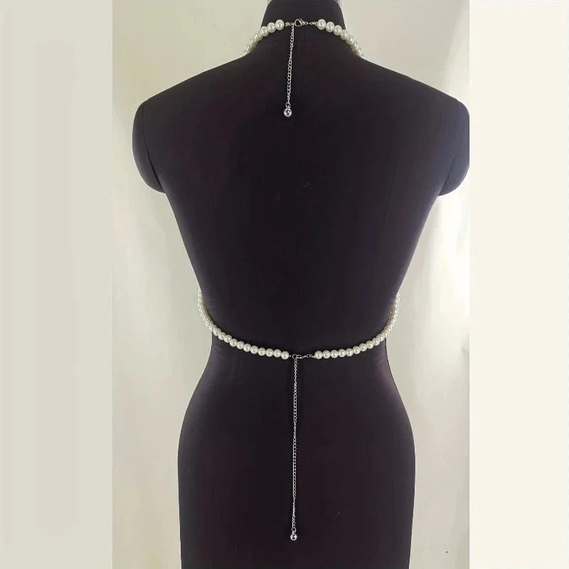 Free / White Halter Backless Body Jewelry Accessories Handmade Faux Pearls Body Chain Simple Style Multi-layer Bustier corset