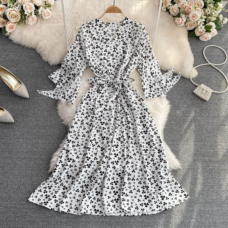 Free / White New Stylish Casual V-neck A-line Dress Ladies Sashes Chiffon Spring Autumn Flare Sleeve Midi Dresses for Women Floral Printed