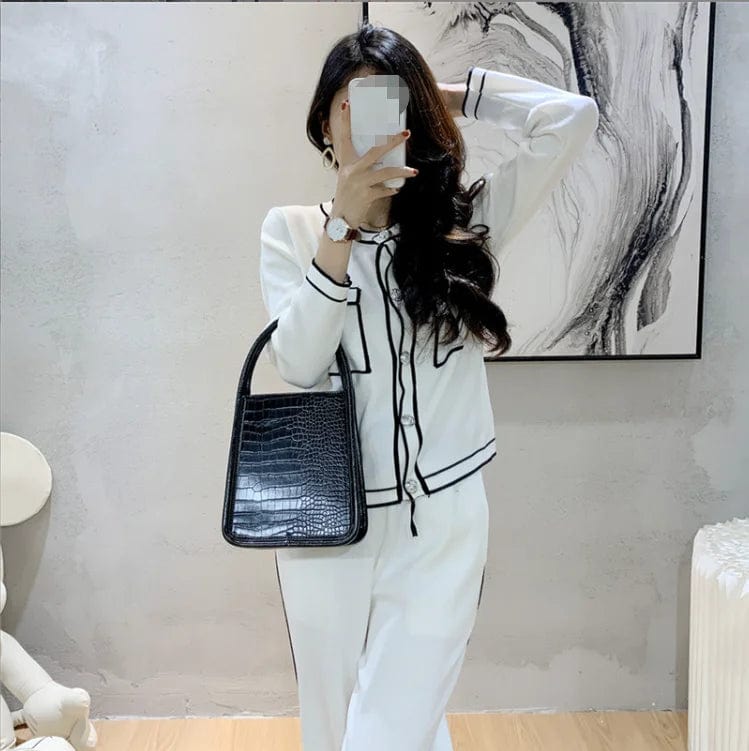 Free / White One size  Fashion Set Temperament knitted single breasted long sleeved cardigan Lace up wide leg casual pants 2-piece set