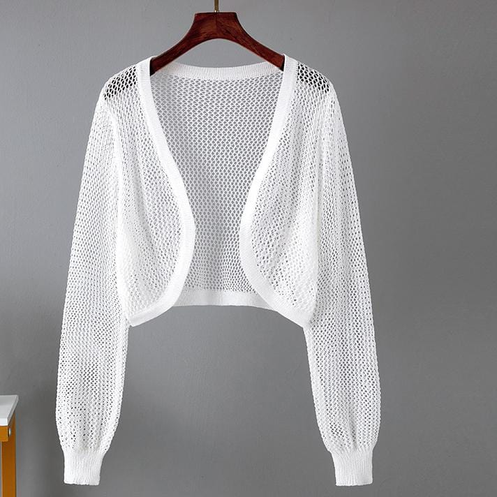Free / White One size fits all Lantern sleeve knitted shawl Summer Thin Loose Air Conditioned Shirt Cover with Hollow Small Sweetheart