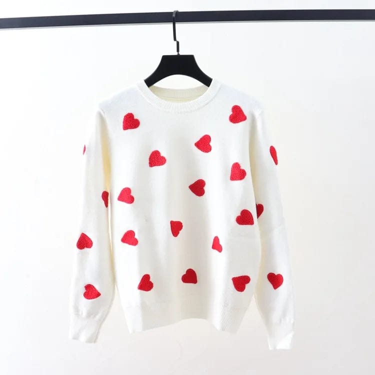 Free / White One size  Red Heart Embroidered Round Neck Long Sleeve Knitted Shirt for Women's Outerwear and Underlay Sweater