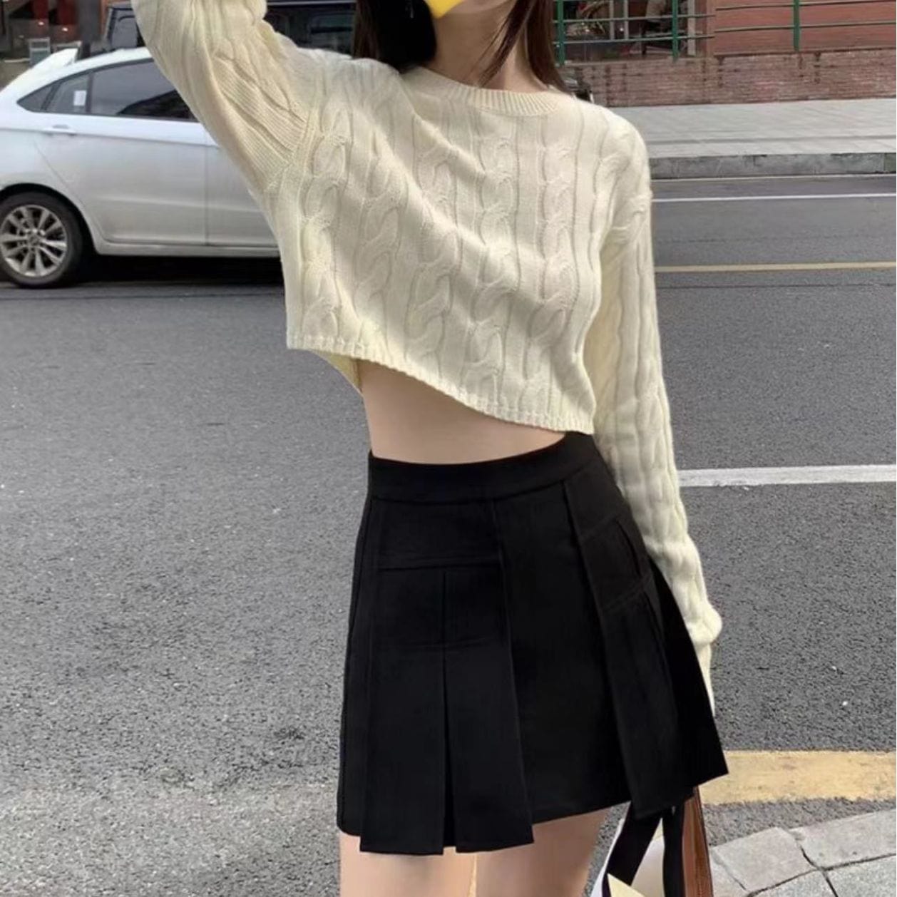 Free / White One Size Short Fried Dough Twists Sweater Wear New High Waist Round Neck Pullover Slouchy Long Sleeve Striped  Top