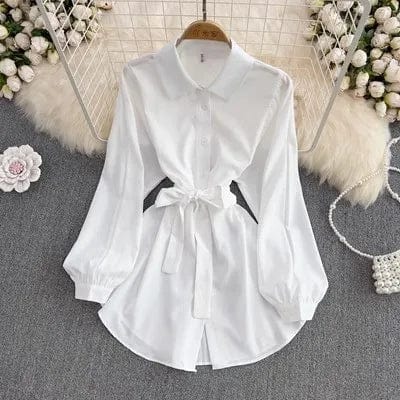 Free / White One size  Spring new mid length collection waist shirt retro lapel long sleeved top