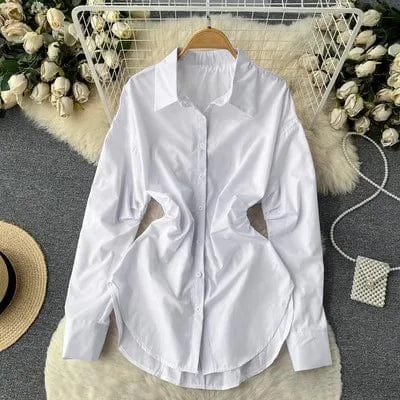 Free / White One size  Spring retro waistband design medium length long sleeved shirt Solid color top with a lapel shirt