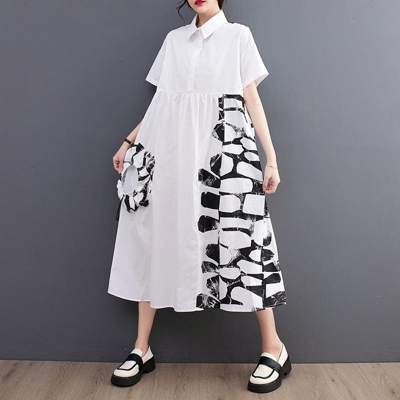 Free / White One size  Summer New Art Print Splice Fashion Casual Shirt Skirt Dress