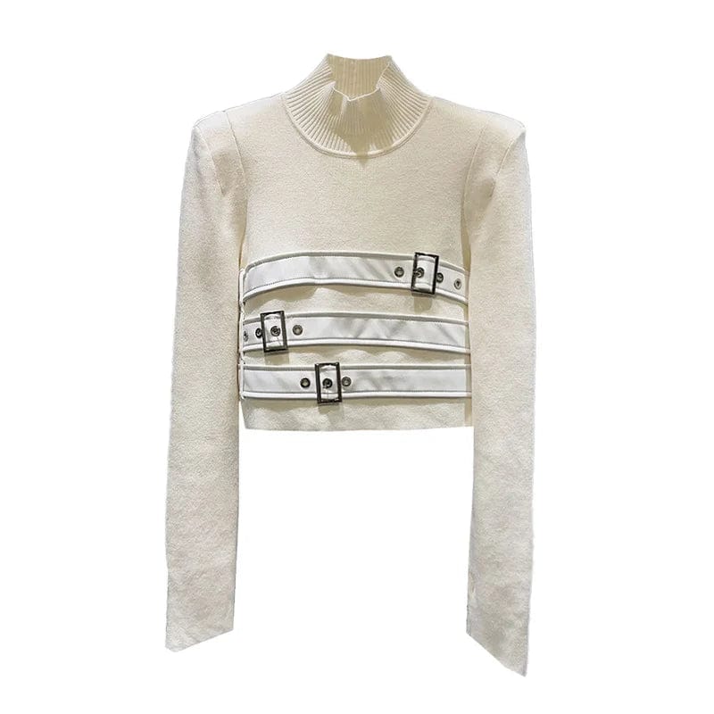 Free / White OUDINA 2023 New Arrivals Women Patchwork Detachable Denim Cuffs Casual Top Sweater Knit Women's Sweaters