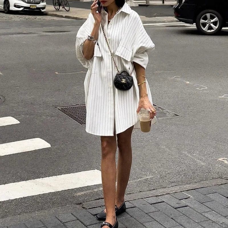 Free / White OUDINA 2023 New Commuting Striped LooseLlong Shirt Women Fashion Long-Sleeved Midi Oversized Shirt