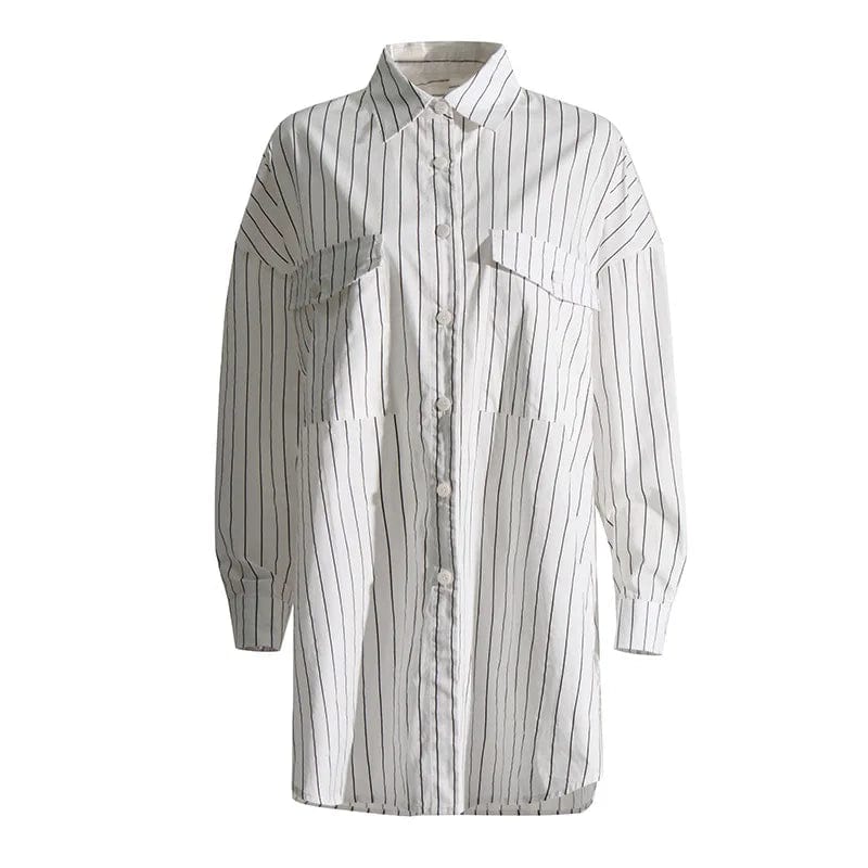 Free / White OUDINA 2023 New Commuting Striped LooseLlong Shirt Women Fashion Long-Sleeved Midi Oversized Shirt