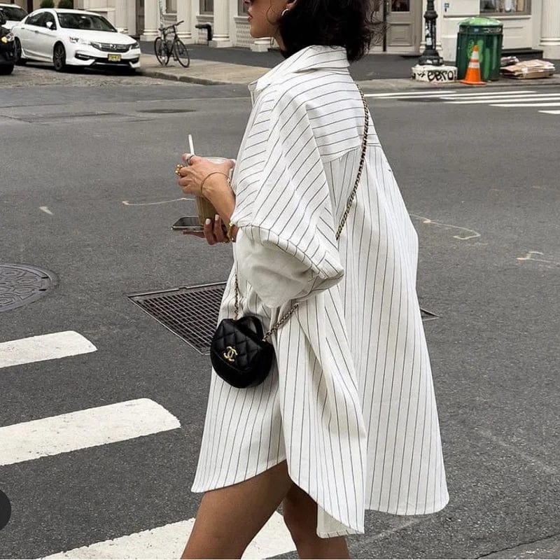 Free / White OUDINA 2023 New Commuting Striped LooseLlong Shirt Women Fashion Long-Sleeved Midi Oversized Shirt