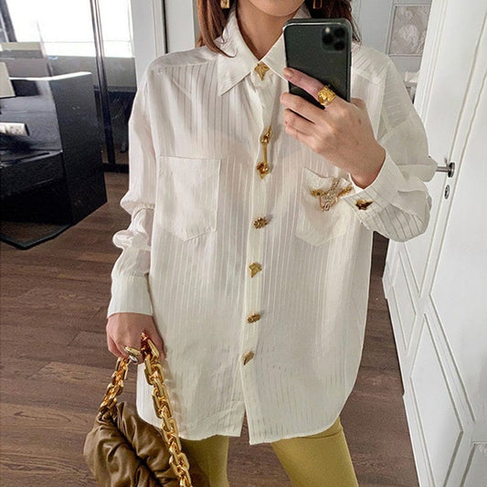 Free / White OUDINA Customize LOGO Vintage Cardigan Metal Buckle Lapel Loose Women Blouses And Shirts White Shirt