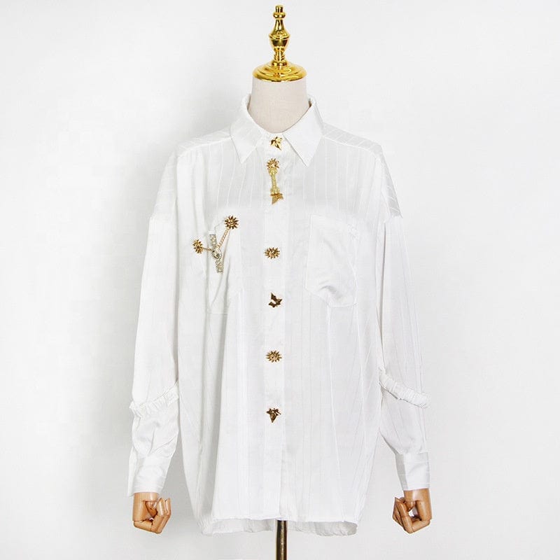 Free / White OUDINA Customize LOGO Vintage Cardigan Metal Buckle Lapel Loose Women Blouses And Shirts White Shirt
