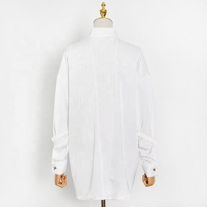 Free / White OUDINA Customize LOGO Vintage Cardigan Metal Buckle Lapel Loose Women Blouses And Shirts White Shirt