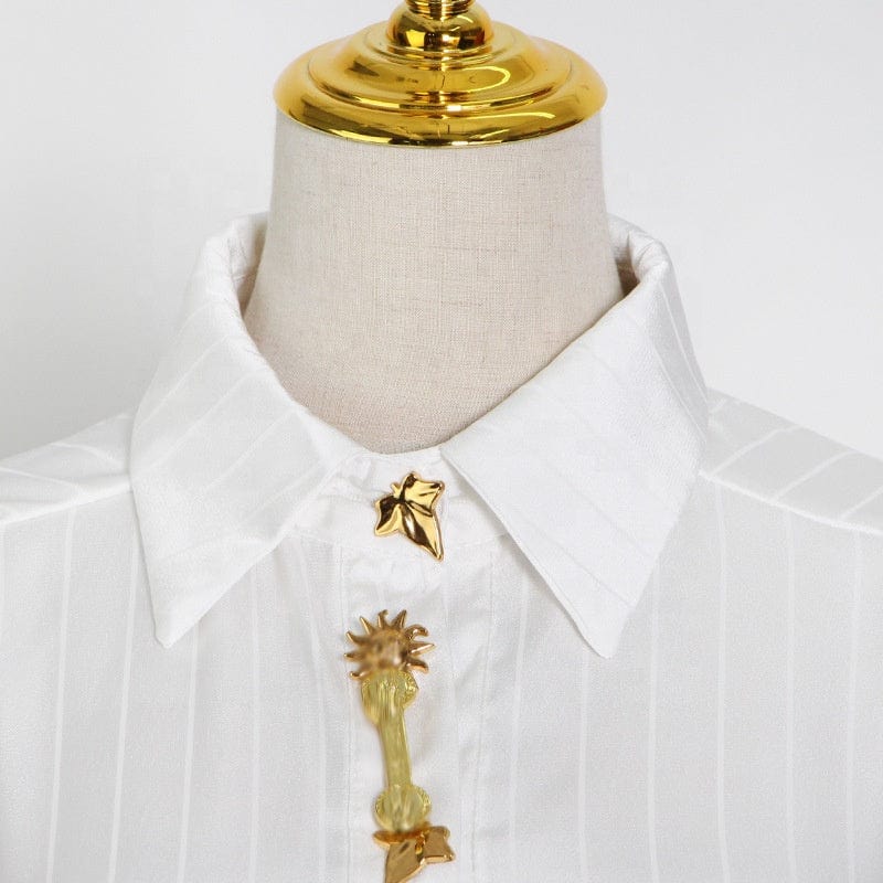 Free / White OUDINA Customize LOGO Vintage Cardigan Metal Buckle Lapel Loose Women Blouses And Shirts White Shirt