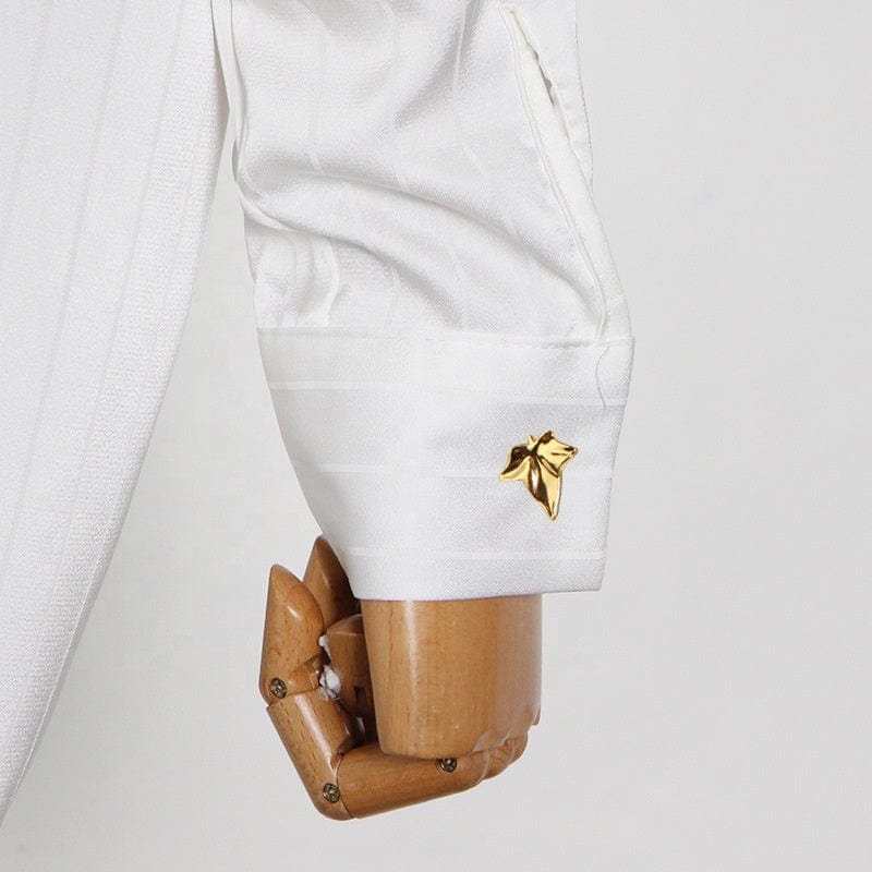 Free / White OUDINA Customize LOGO Vintage Cardigan Metal Buckle Lapel Loose Women Blouses And Shirts White Shirt