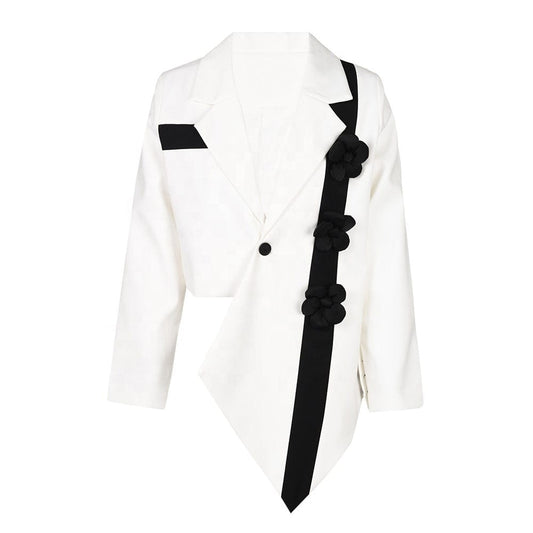 FREE / White OUDINA Niche Design Sense Irregular Flower Decoration Contrast Color Femme White Suit Women's Jackets Blazer