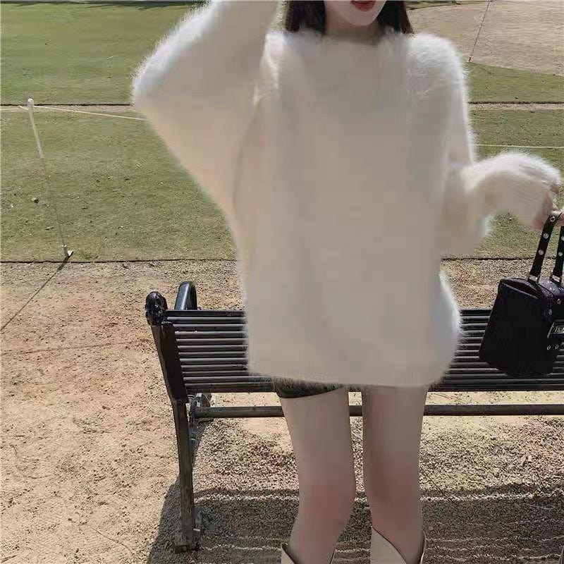 Free / White PDEP round neck pullover with imitation mink fur sweater women's loose Korean lazy mohair  knitted sweater women
