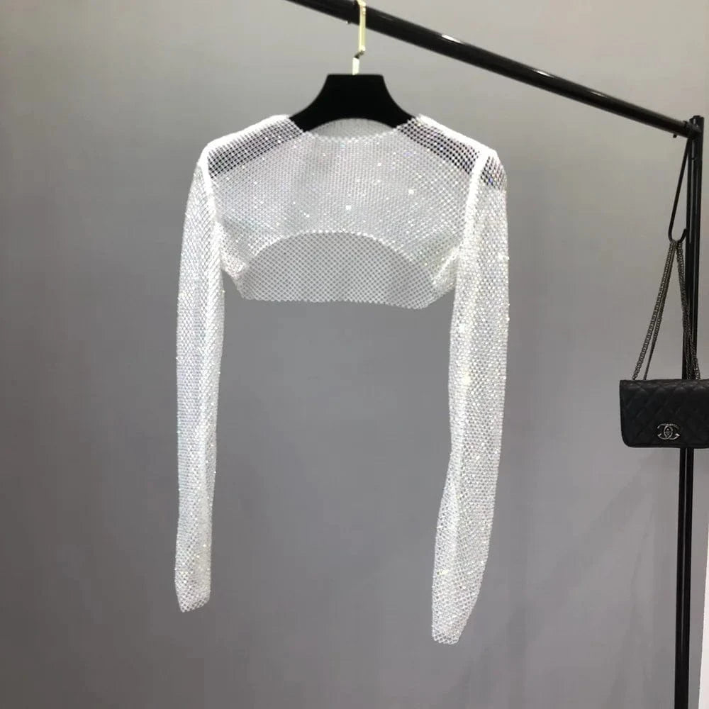 Free / White / Polyamide W-S1141A Women Colorful Rhinestones Long Sleeve Crop Top Glitter Drill Shawls Shrug See Through Fishnet Cover Up Clubwear
