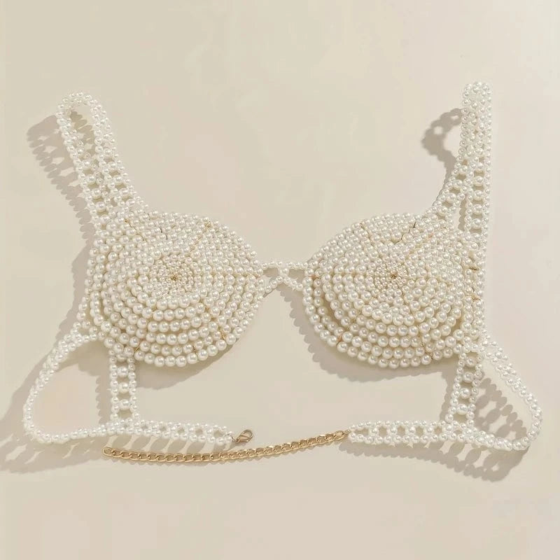 Free / White Sexy Bikini Party Bra Body Chain With Handmade Faux Pearls Beads Beach Carnival Party Chest Chain Lingerie Decoration Chain
