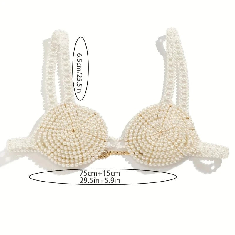 Free / White Sexy Bikini Party Bra Body Chain With Handmade Faux Pearls Beads Beach Carnival Party Chest Chain Lingerie Decoration Chain